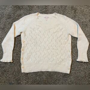 Rebecca Taylor Merino Wool Blend Cable Knit V-Neck Cream Ruffle Sweater Medium